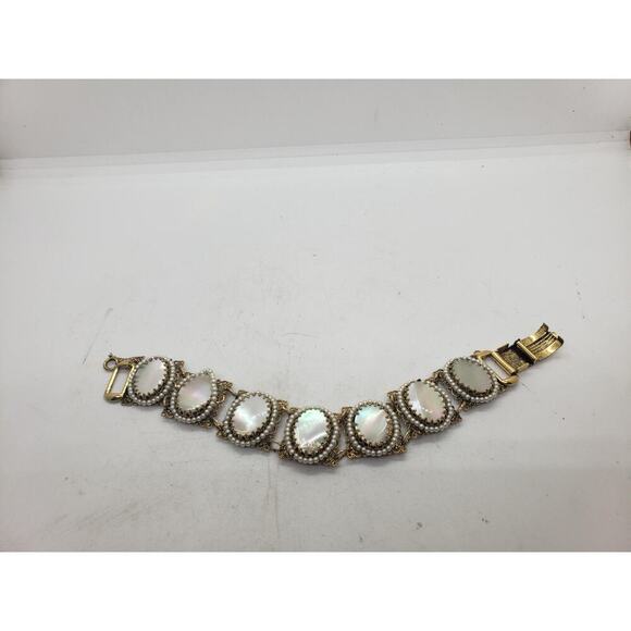 Vintage Filigree Bracelet Mother of Pearl MOP & Faux Pearl Accent Ornate - Picture 8 of 13